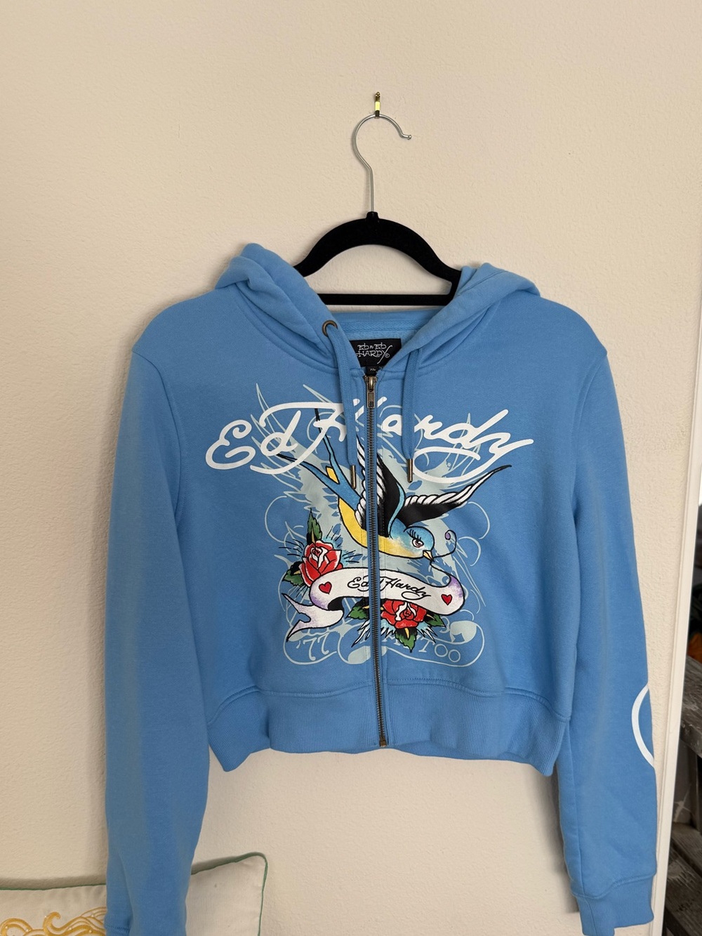 Ed Hardy Blue Zip-Up Hooded Jacket with Graphic Tattoo Print